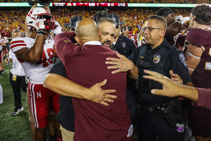 Nebraska Minnesota 2023 - Nebraska head coach Matt Rhule congratulates Minnesota head coach P.J. Fleck
